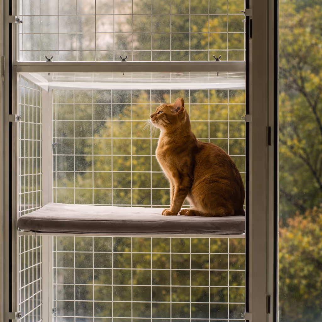Kočka sedící uvnitř ocelového okenního výběhu BalconyCat