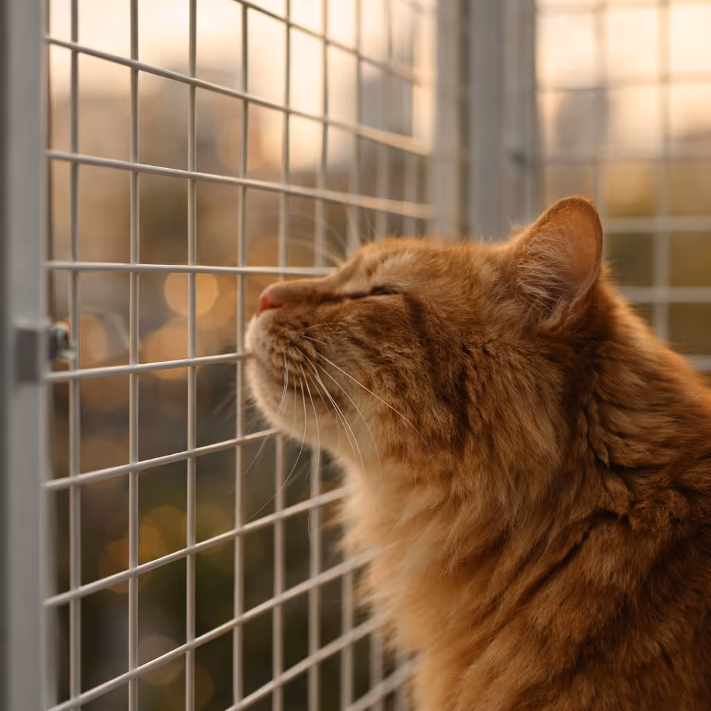 Due gatti in un catio da finestra in acciaio BalconyCat su misura, sicuro per chi è in affitto, che non occupa spazio a pavimento sul balcone