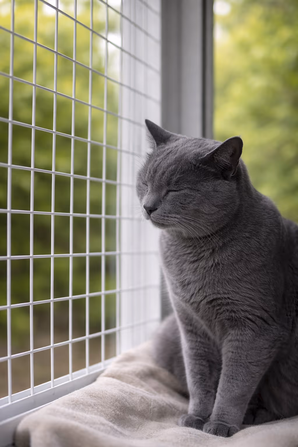 Kočka v ocelovém BalconyCat balkonu pro kočky se zvýšeným pelíškem – základ pro pořádně vybavený venkovní prostor pro kočku