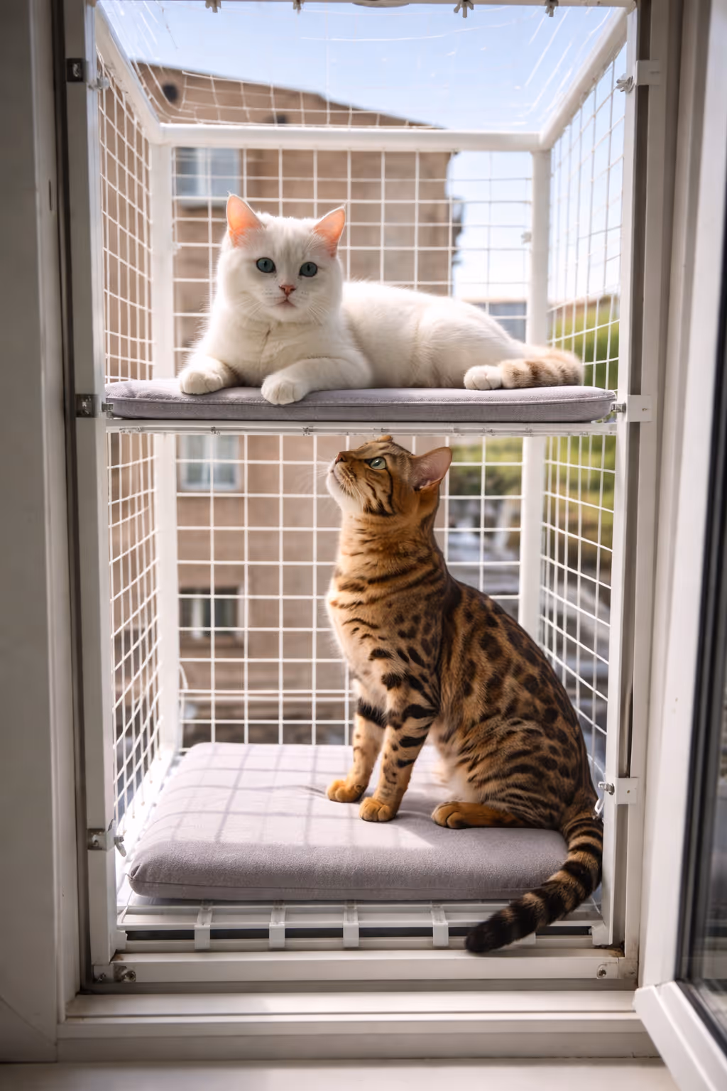 Kočka bezpečně sedí v ocelovém okenním Balkonu pro kočky od BalconyCat a dívá se na ulici pod sebou